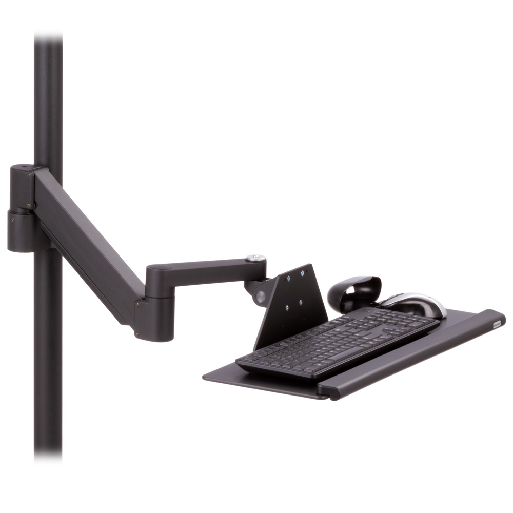Pole mounted TRS7000AKP keyboard arm in black with the tray in the low position.