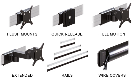Overview of the flush,quick release, articulating and extended monitor mounts, rails and wire covers in the ViewTrack wall mounting system.